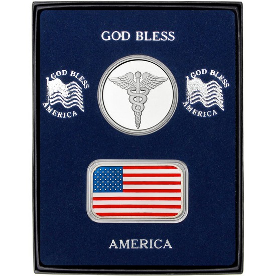 Enameled American Flag Silver Bar and Medical Silver Round 2pc Gift Set