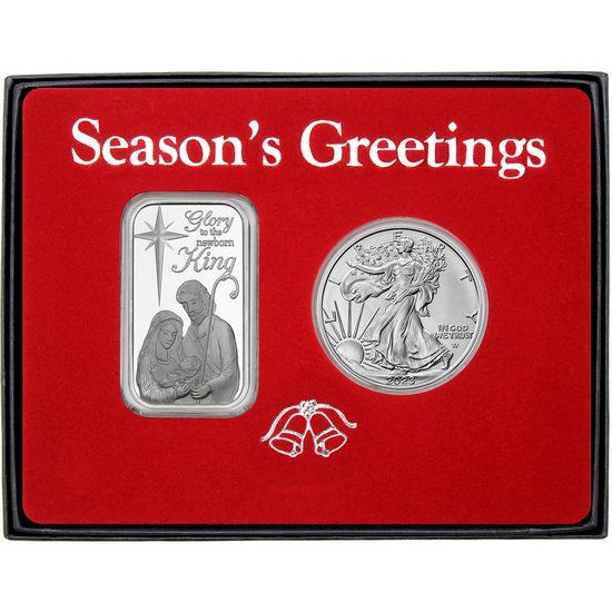 Season's Greetings Nativity Scene Adore HIM Silver Medallion and Silver American Eagle 2pc Box Gift Set