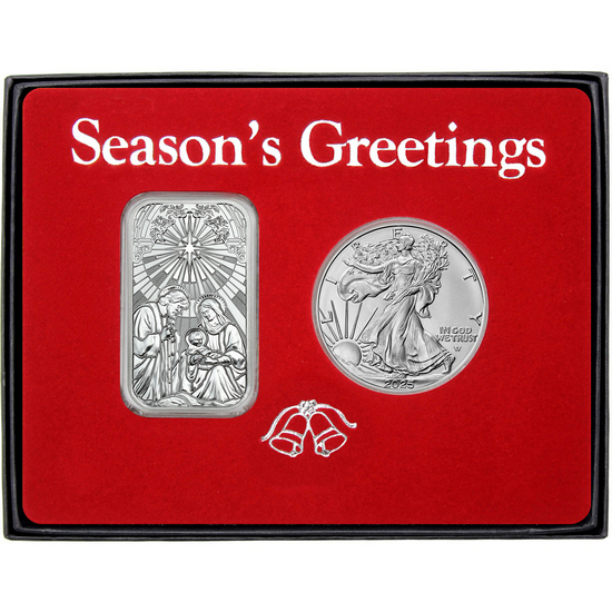 Season's Greetings Stained Glass Nativity Scene Silver Bar and Silver American Eagle 2pc Box Gift Set