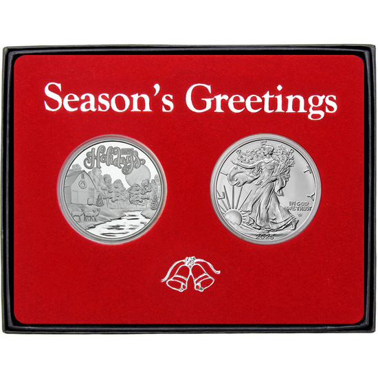 Season's Greetings Moonlit Creek Winter Farm Silver Medallion and Silver American Eagle 2pc Box Gift Set