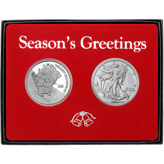 Season's Greetings Skiing Polar Bear Silver Medallion and Silver American Eagle 2pc Box Gift Set