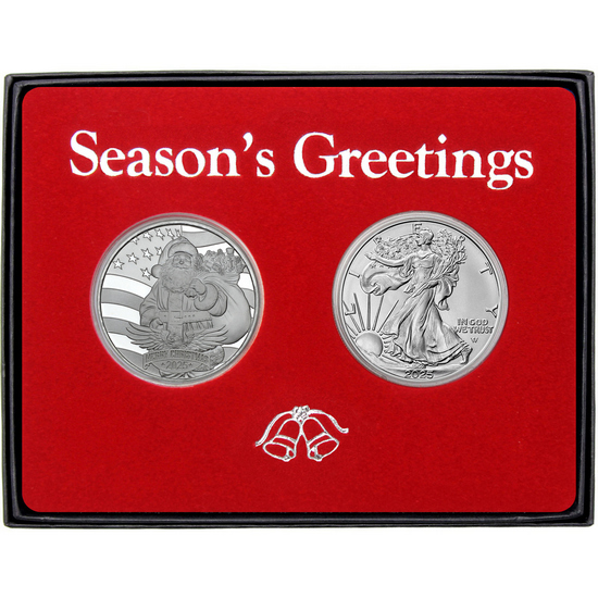 Season's Greetings Patriotic Santa Claus Silver Medallion and Silver American Eagle 2pc Box Gift Set