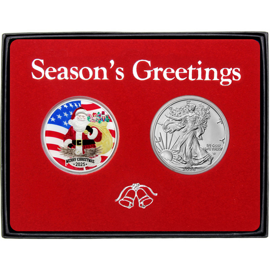 Season's Greetings Patriotic Santa Claus Enameled Silver Medallion and Silver American Eagle 2pc Box Gift Set