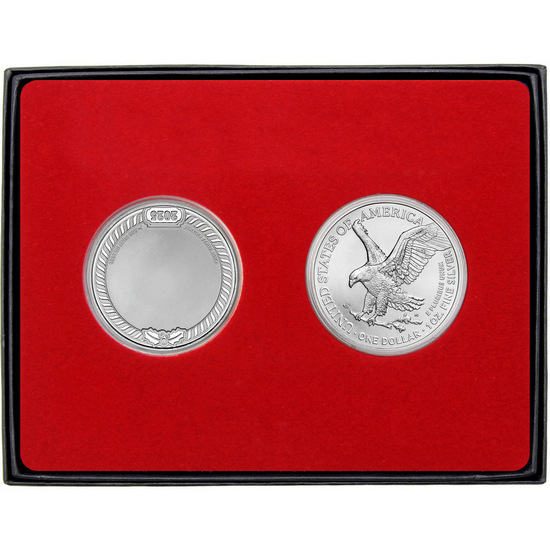 Season's Greetings Patriotic Santa Claus Enameled Silver Medallion and Silver American Eagle 2pc Box Gift Set Season's Greetings Patriotic Santa Claus Enameled Silver Medallion and Silver American Eagle 2pc Box Gift Set