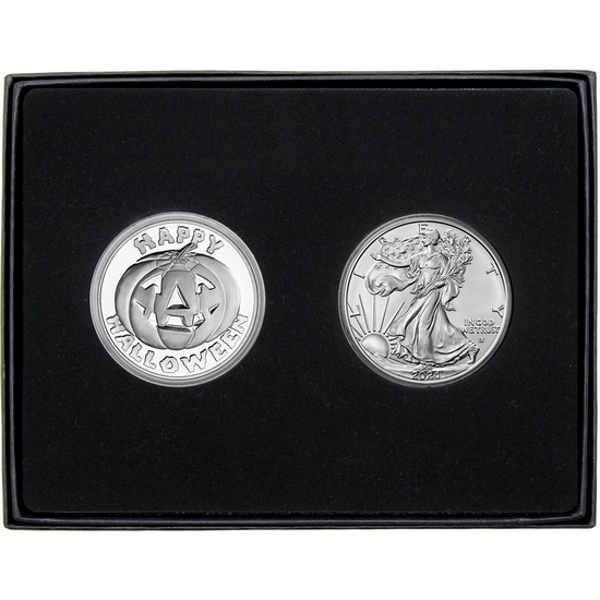 Halloween Pumpkin Silver Medallion and Silver American Eagle 2pc Gift Set