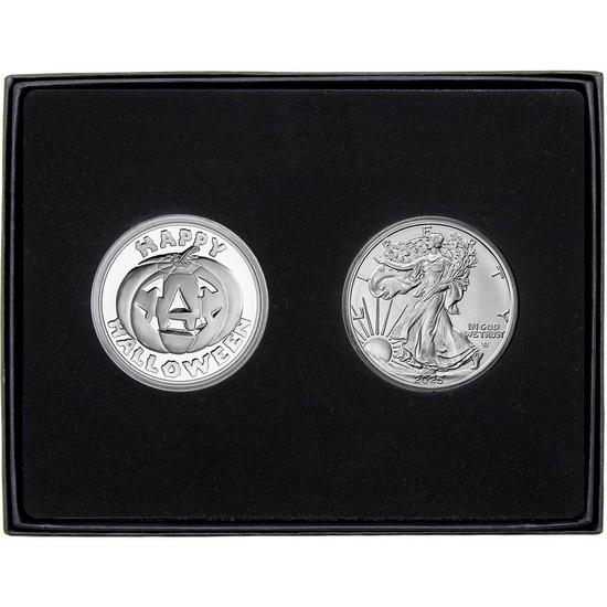 Halloween Pumpkin Silver Medallion and Silver American Eagle 2pc Gift Set