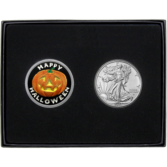 Halloween Pumpkin Enameled Silver Medallion and Silver American Eagle 2pc Gift Set