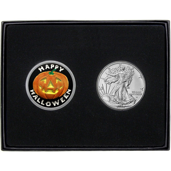 Halloween Pumpkin Enameled Silver Medallion and Silver American Eagle 2pc Gift Set