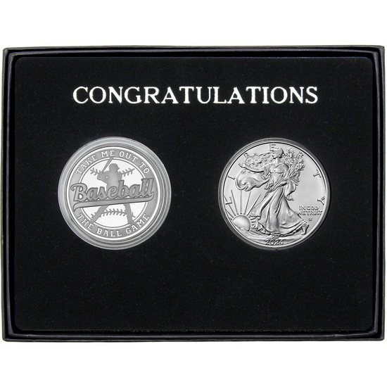 Congratulations Baseball Athlete Silver Medallion and Silver American Eagle 2pc Gift Set