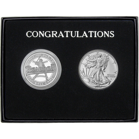 Congratulations Baseball Athlete Silver Medallion and Silver American Eagle 2pc Gift Set