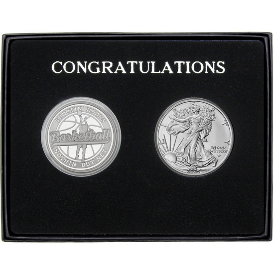 Congratulations Basketball Athlete Silver Medallion and Silver American Eagle 2pc Gift Set