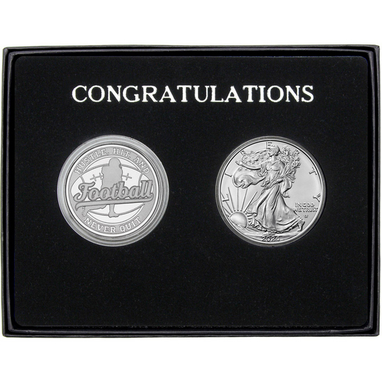 Congratulations Football Athlete Silver Medallion and Silver American Eagle 2pc Gift Set