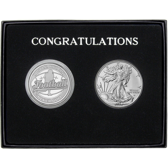 Congratulations Football Athlete Silver Medallion and Silver American Eagle 2pc Gift Set