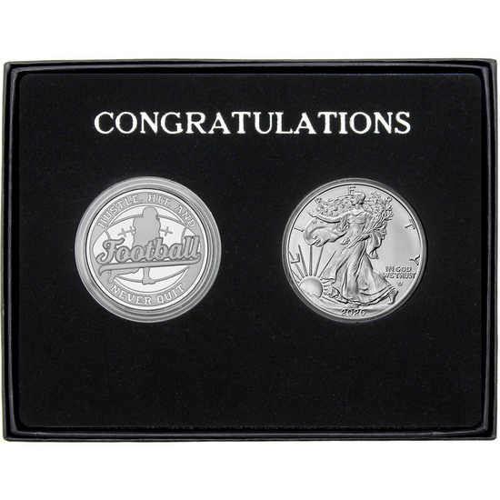 Congratulations Football Athlete Silver Medallion and Silver American Eagle 2pc Gift Set Congratulations Football Athlete Silver Medallion and Silver American Eagle 2pc Gift Set