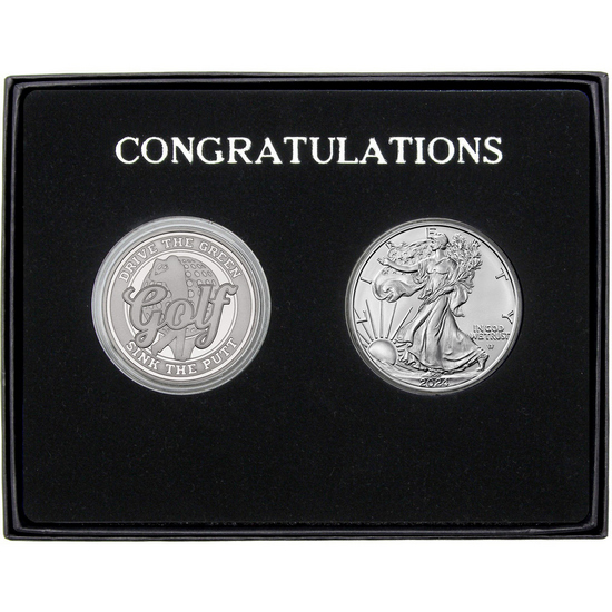 Congratulations Golf Athlete Silver Medallion and Silver American Eagle 2pc Gift Set