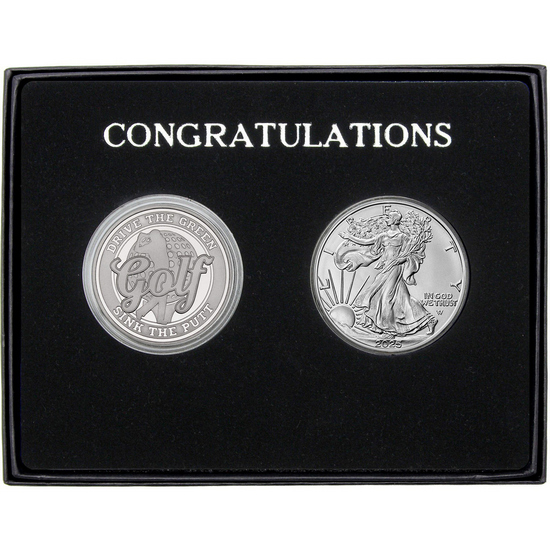 Congratulations Golf Athlete Silver Medallion and Silver American Eagle 2pc Gift Set