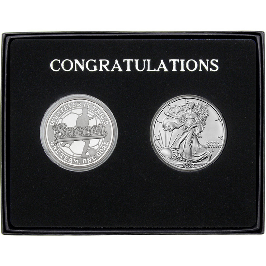 Congratulations Soccer Athlete Silver Medallion and Silver American Eagle 2pc Gift Set