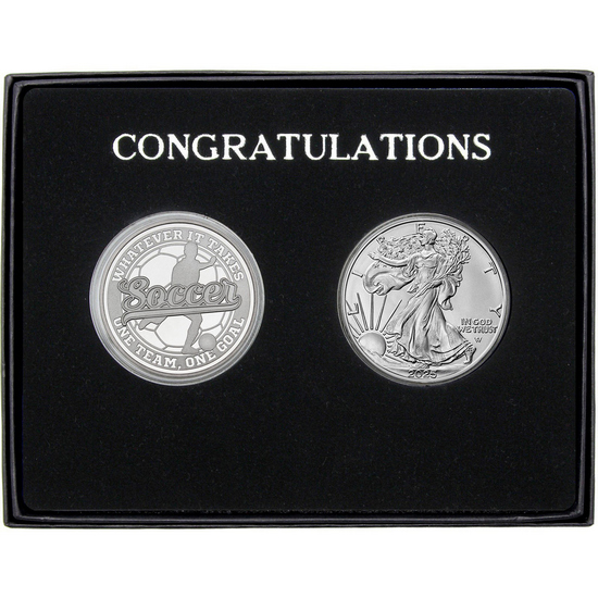 Congratulations Soccer Athlete Silver Medallion and Silver American Eagle 2pc Gift Set