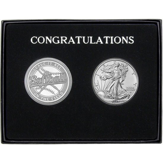 Congratulations Softball Athlete Silver Medallion and Silver American Eagle 2pc Gift Set