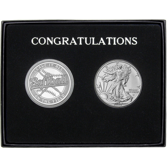 Congratulations Softball Athlete Silver Medallion and Silver American Eagle 2pc Gift Set