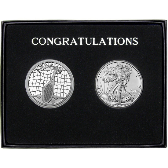 Congratulations Tennis Athlete Silver Medallion and Silver American Eagle 2pc Gift Set