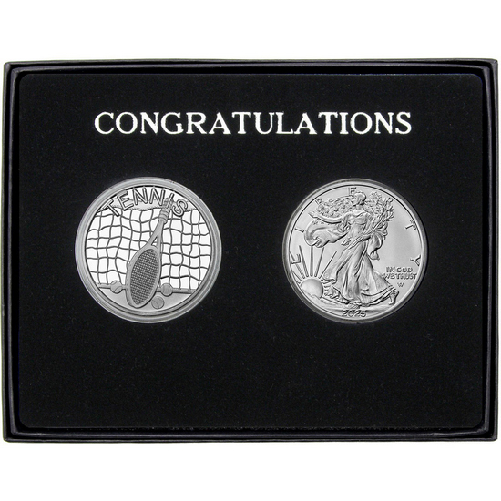 Congratulations Tennis Athlete Silver Medallion and Silver American Eagle 2pc Gift Set