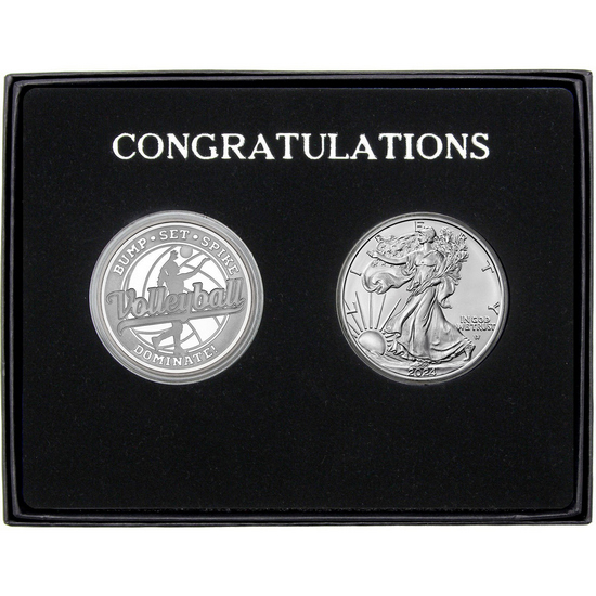Congratulations Volleyball Athlete Silver Medallion and Silver American Eagle 2pc Gift Set