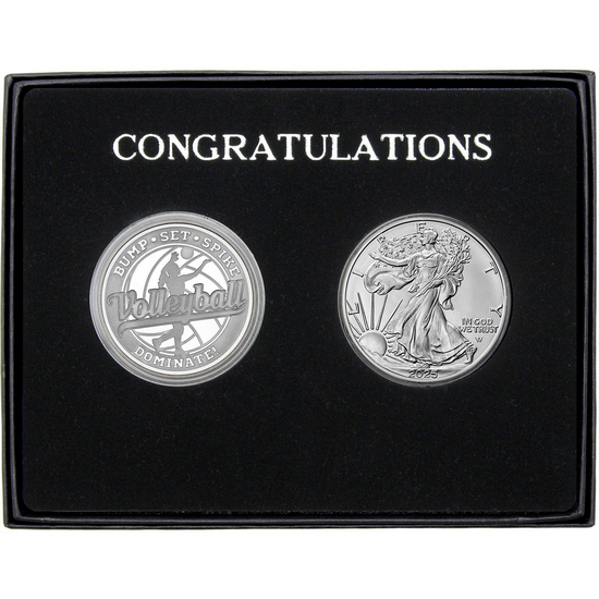 Congratulations Volleyball Athlete Silver Medallion and Silver American Eagle 2pc Gift Set