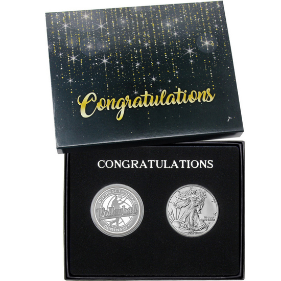 Congratulations Volleyball Athlete Silver Medallion and Silver American Eagle 2pc Gift Set Congratulations Volleyball Athlete Silver Medallion and Silver American Eagle 2pc Gift Set