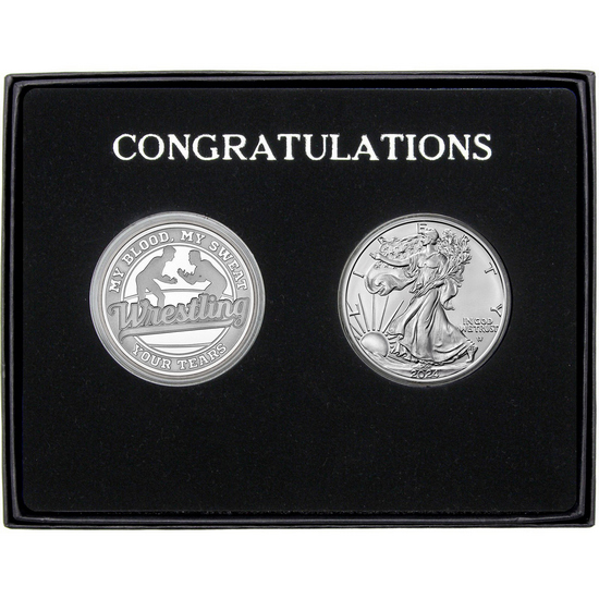 Congratulations Wrestling Athlete Silver Medallion and Silver American Eagle 2pc Gift Set