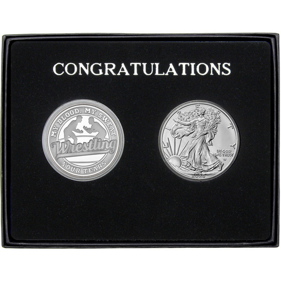 Congratulations Wrestling Athlete Silver Medallion and Silver American Eagle 2pc Gift Set