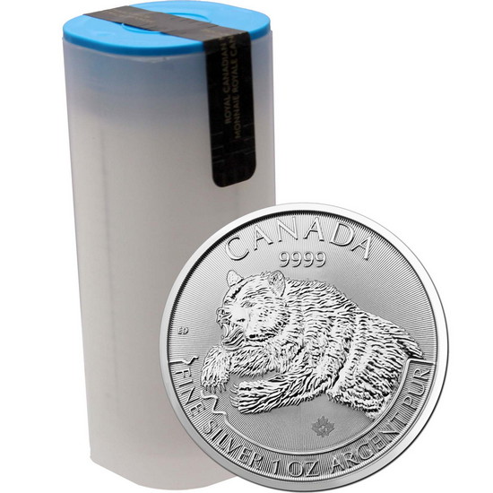 Tube of 2019 Silver Grizzly Coins from Royal Canadian Mint