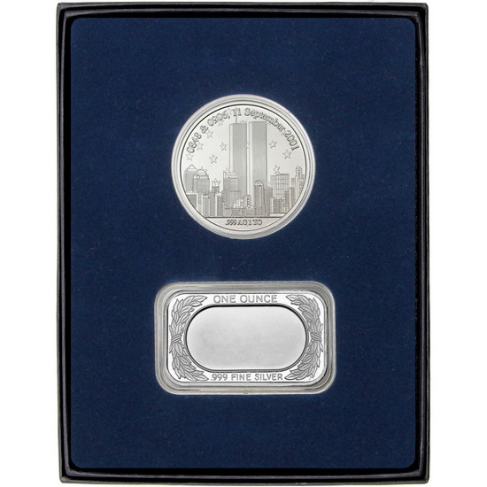 9/11 Tribute Silver Medallion and American Flag Silver Bar 2pc Gift Set