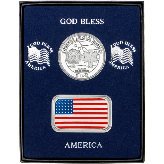 9/11 Tribute Silver Medallion and Enameled American Flag Silver Bar 2pc Gift Set