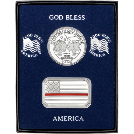 9/11 Tribute Silver Medallion and Red Line Enameled American Flag Silver Bar 2pc Gift Set
