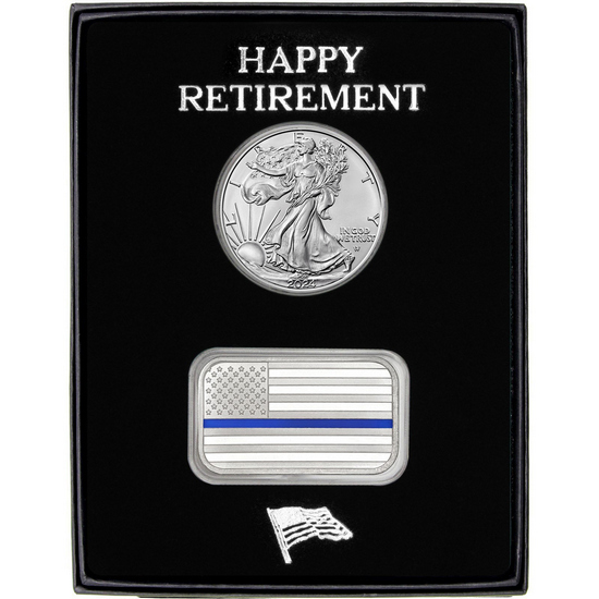 Happy Retirement Enameled Blue Line American Flag Silver Bar and Silver American Eagle 2pc Gift Set