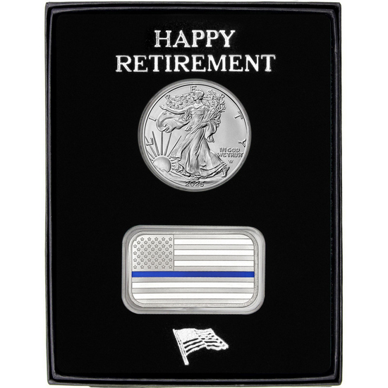 Happy Retirement Enameled Blue Line American Flag Silver Bar and Silver American Eagle 2pc Gift Set