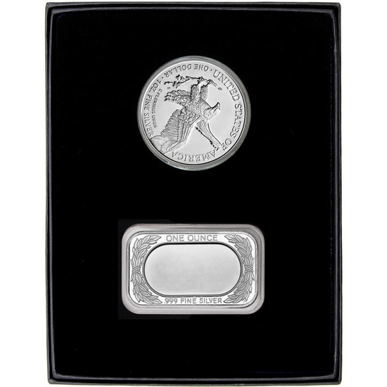 Happy Retirement Enameled Red Line American Flag Silver Bar and Silver American Eagle 2pc Gift Set