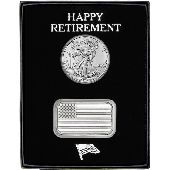 Happy Retirement American Flag Silver Bar and Silver American Eagle 2pc Gift Set