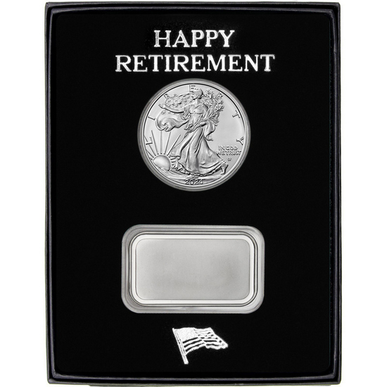 Happy Retirement Blank Silver Bar and Silver American Eagle 2pc Gift Set