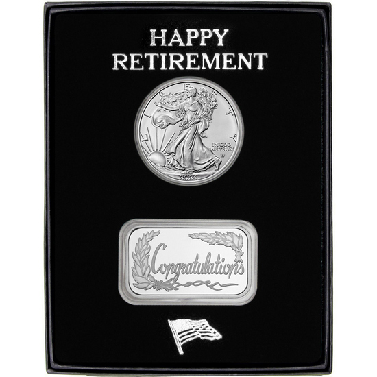 Happy Retirement Congratulations Silver Bar and Silver American Eagle 2pc Gift Set