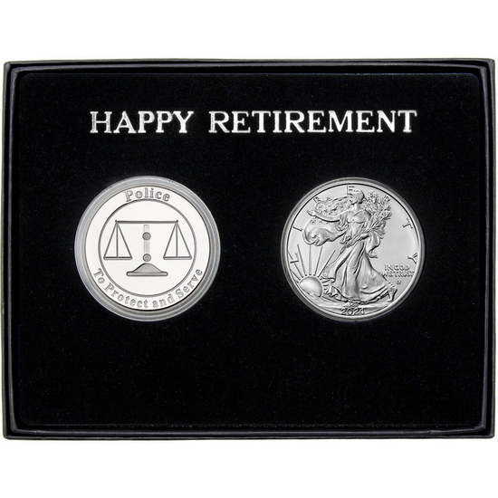 Happy Retirement Police Silver Medallion and Silver American Eagle 2pc Gift Set