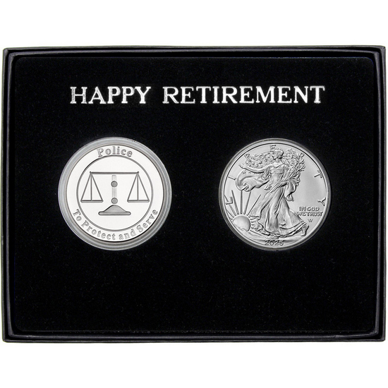 Happy Retirement Police Silver Medallion and Silver American Eagle 2pc Gift Set