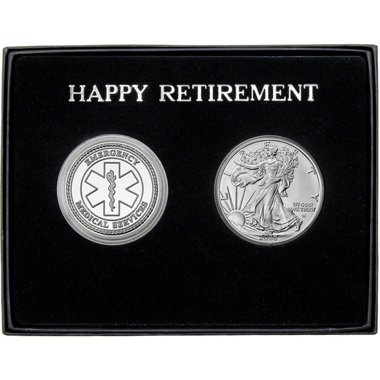 Happy Retirement EMS Silver Medallion and Silver American Eagle 2pc Gift Set