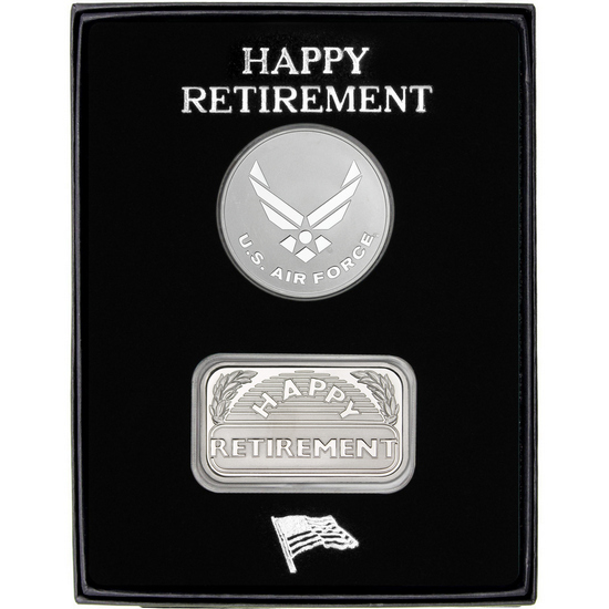 Happy Retirement US Air Force Silver Medallion and Silver American Eagle 2pc Gift Set