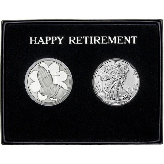 Happy Retirement Praying Hands Silver Medallion and Silver American Eagle 2pc Gift Set