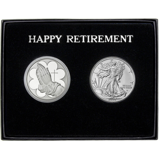 Happy Retirement Praying Hands Silver Medallion and Silver American Eagle 2pc Gift Set