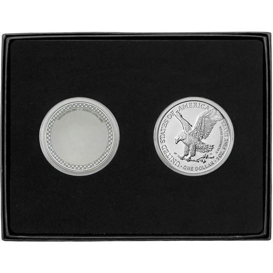 Happy Retirement Praying Hands Silver Medallion and Silver American Eagle 2pc Gift Set Happy Retirement Praying Hands Silver Medallion and Silver American Eagle 2pc Gift Set