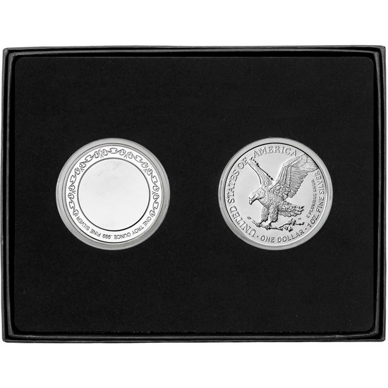 Happy Retirement Blank Silver Medallion and Silver American Eagle 2pc Gift Set Happy Retirement Blank Silver Medallion and Silver American Eagle 2pc Gift Set