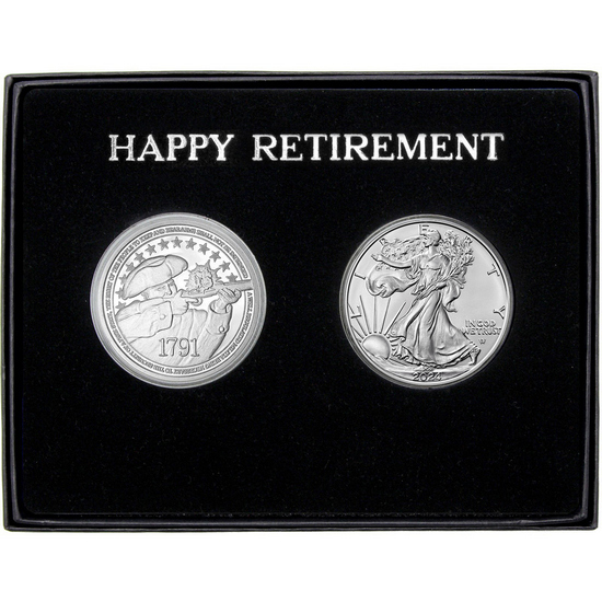 Happy Retirement 2nd Amendment Silver Medallion and Silver American Eagle 2pc Gift Set